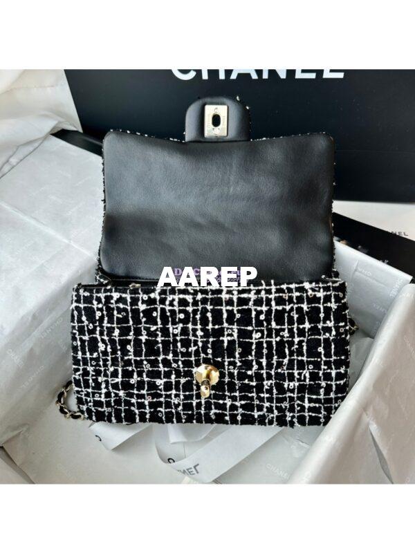 Replica Chanel Tweed Mini Flap Bag With Top Handle Black White AS2431 with Light Gold Hardware 9