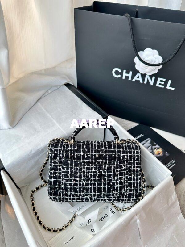 Replica Chanel Tweed Mini Flap Bag With Top Handle Black White AS2431 with Light Gold Hardware 10