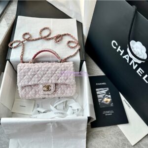 Replica Chanel Tweed Mini Flap Bag With Top Handle Light Pink AS2431 with Light Gold Hardware