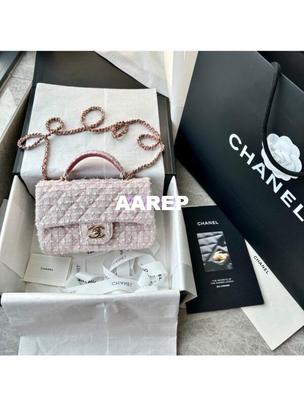 Replica Chanel Tweed Mini Flap Bag With Top Handle Light Pink AS2431 with Light Gold Hardware 3