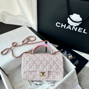 Replica Chanel Tweed Mini Flap Bag With Top Handle Light Pink AS2431 with Light Gold Hardware 2