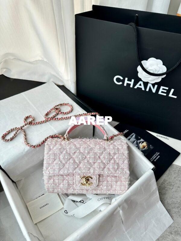 Replica Chanel Tweed Mini Flap Bag With Top Handle Light Pink AS2431 with Light Gold Hardware 4