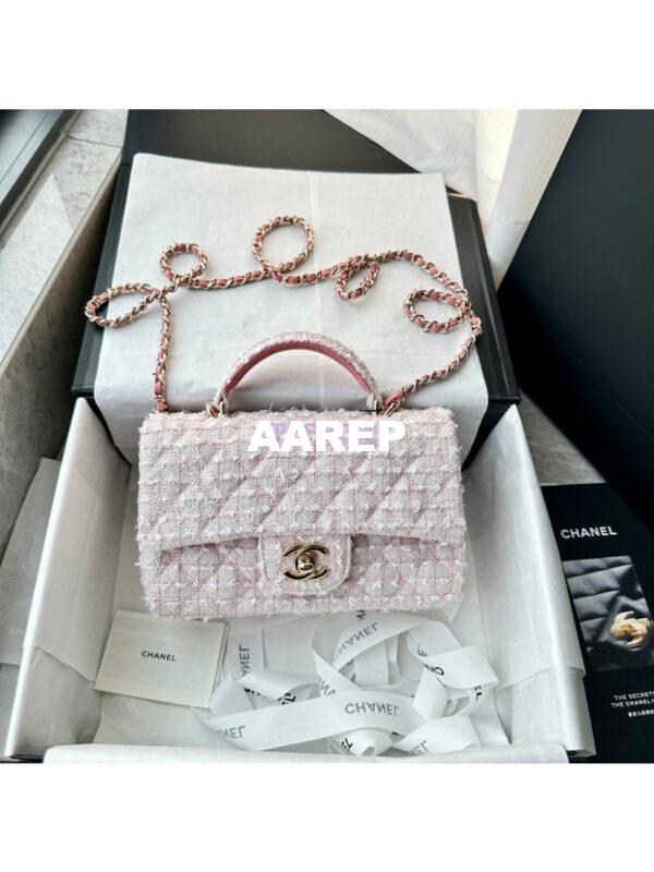 Replica Chanel Tweed Mini Flap Bag With Top Handle Light Pink AS2431 with Light Gold Hardware 5