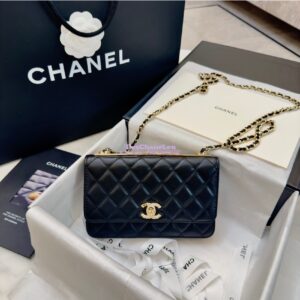 Replica Chanel 24SS SLG Wallet On Chain in Lambskin Diamante A80982 Black 2