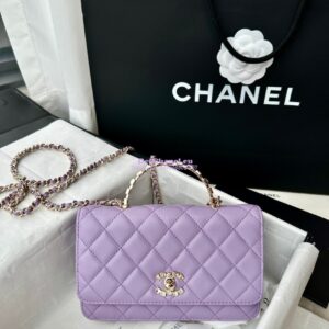 Replica Chanel Flap Phone Holder With Chain & Lambskin, Diamanté Handle WOC AP3575 Lilac 2