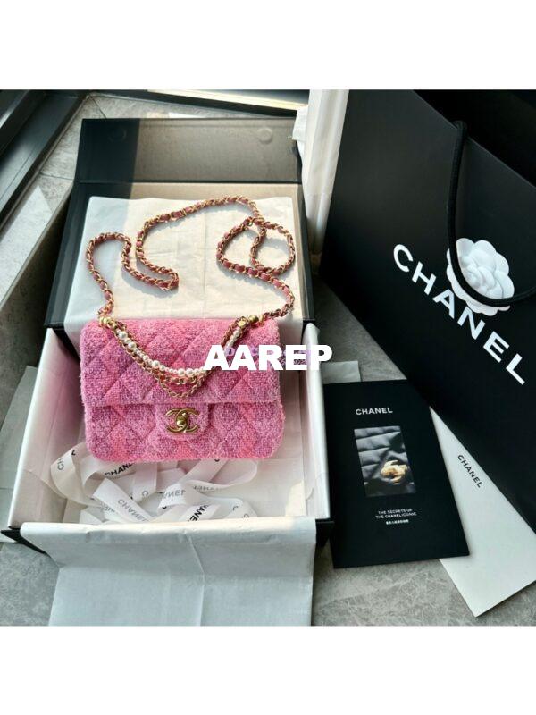Replica Chanel 24P Seasonal Small Flap Tweed Bag with Pearl Top Handle Chain AS4384 Pink 3