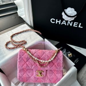 Replica Chanel 24P Seasonal Small Flap Tweed Bag with Pearl Top Handle Chain AS4384 Pink 2