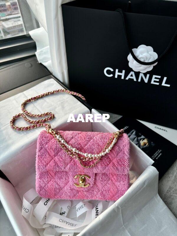 Replica Chanel 24P Seasonal Small Flap Tweed Bag with Pearl Top Handle Chain AS4384 Pink 4