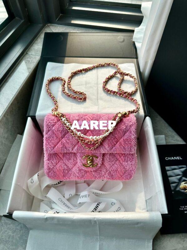 Replica Chanel 24P Seasonal Small Flap Tweed Bag with Pearl Top Handle Chain AS4384 Pink 5