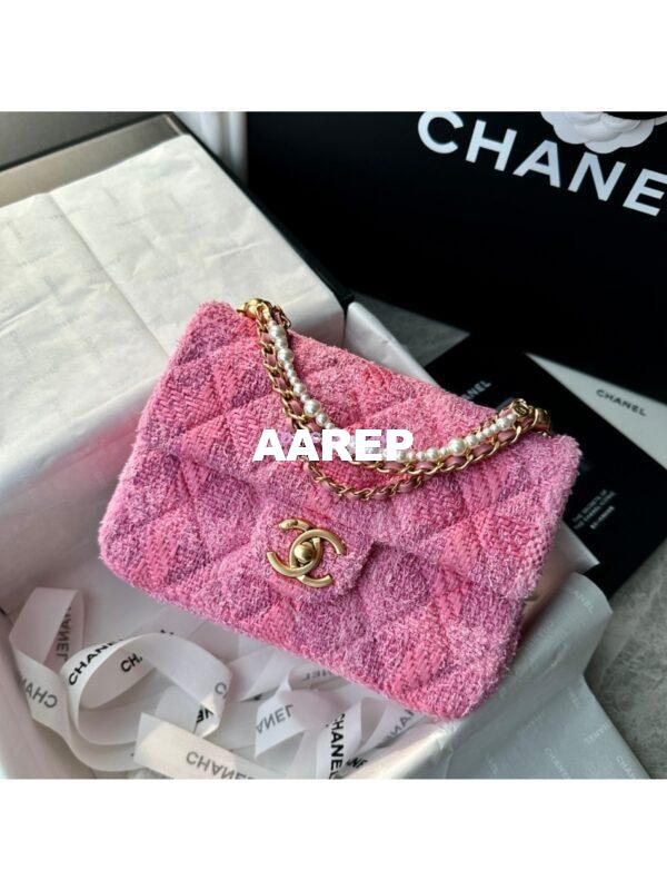 Replica Chanel 24P Seasonal Small Flap Tweed Bag with Pearl Top Handle Chain AS4384 Pink 6