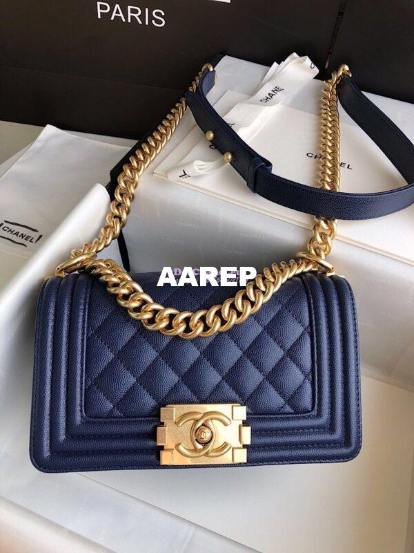 Replica Chanel Le boy Navy Tiny Grainy Caviar Bag Matte Gold Hardware A67086 10