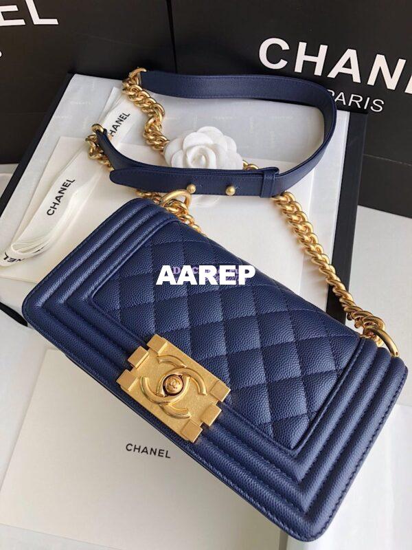Replica Chanel Le boy Navy Tiny Grainy Caviar Bag Matte Gold Hardware A67086 14