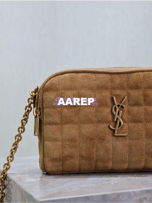 Replica YSL Saint Laurent Cassandre matelassé carré camera bag in brown suede calf leather 764809 5