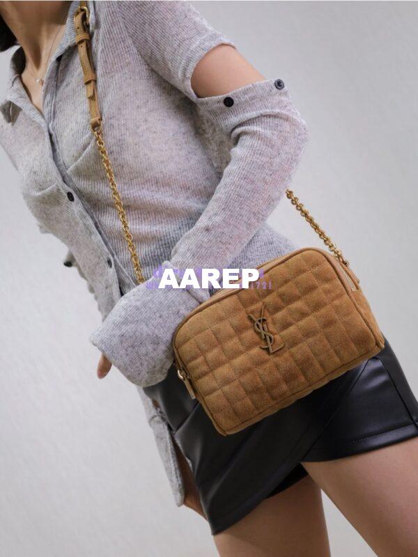 Replica YSL Saint Laurent Cassandre matelassé carré camera bag in brown suede calf leather 764809 15