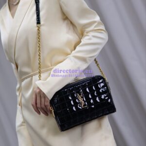 Replica YSL Saint Laurent Cassandre matelassé carré camera bag in black patent leather 764809