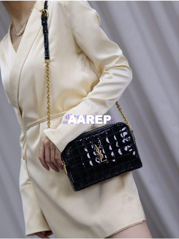 Replica YSL Saint Laurent Cassandre matelassé carré camera bag in black patent leather 764809 3