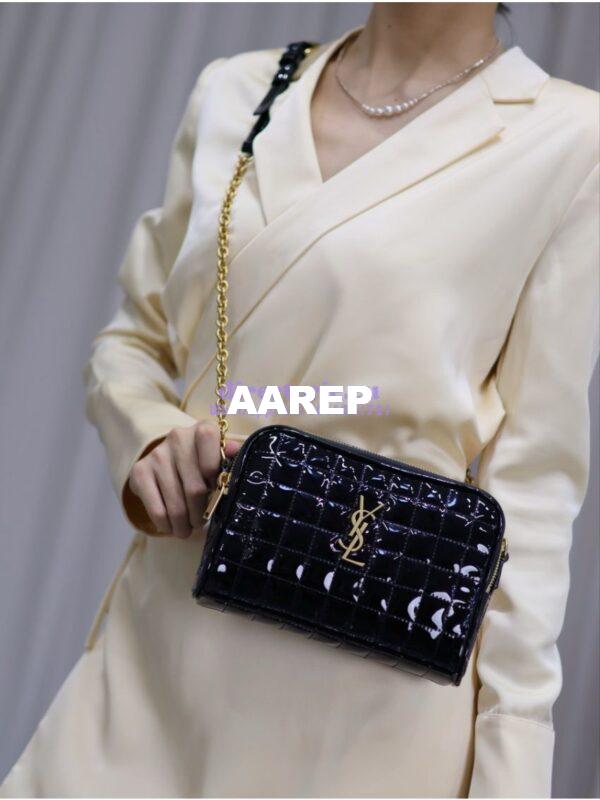 Replica YSL Saint Laurent Cassandre matelassé carré camera bag in black patent leather 764809 4