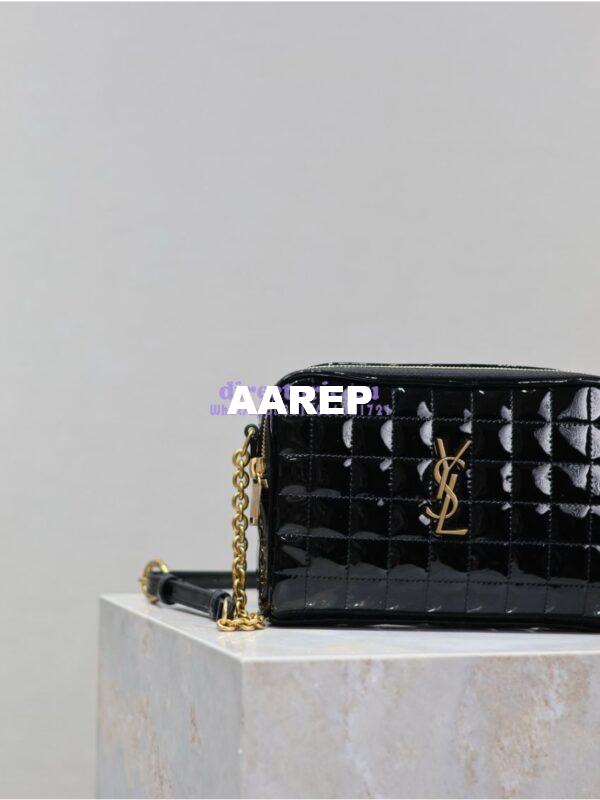 Replica YSL Saint Laurent Cassandre matelassé carré camera bag in black patent leather 764809 5