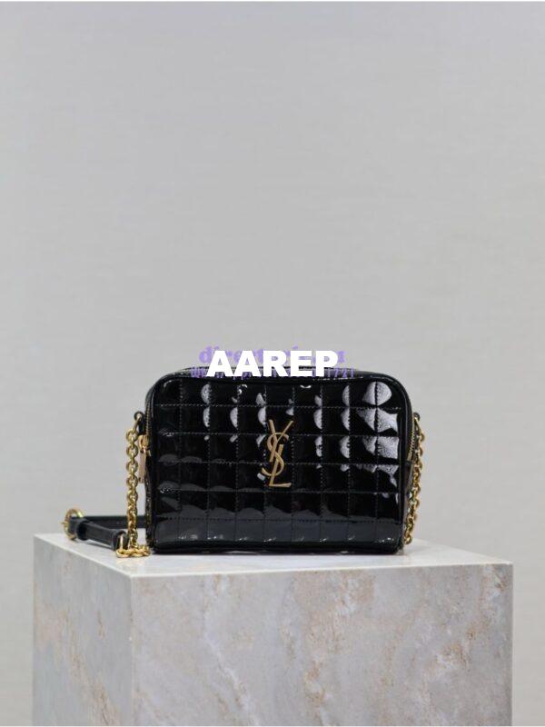 Replica YSL Saint Laurent Cassandre matelassé carré camera bag in black patent leather 764809 10