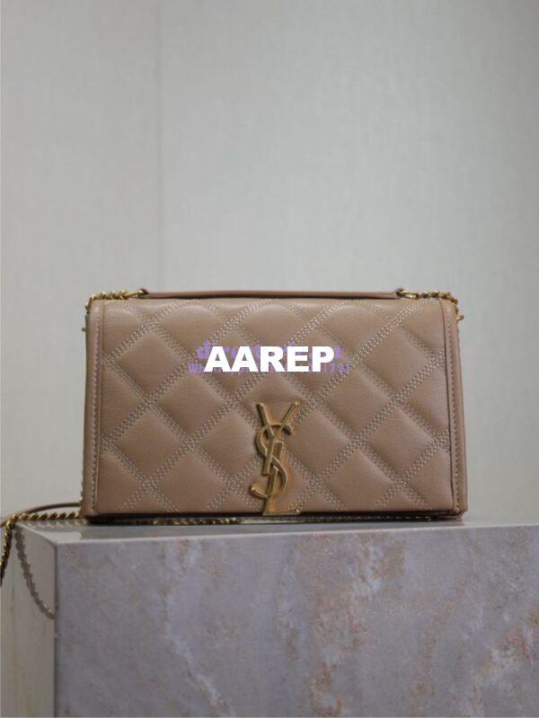 Replica YSL Saint Laurent Becky Chain Wallet In Diamond-quilted Lambskin 585031 Dark Beige 3