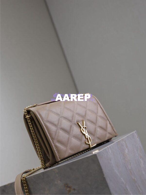 Replica YSL Saint Laurent Becky Chain Wallet In Diamond-quilted Lambskin 585031 Dark Beige 6