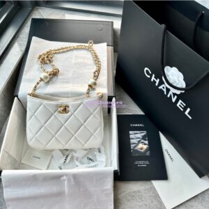Replica Chanel 24C Small Hobo Bag in Lambskin with Adjustable Pearl Chain AS4859 White