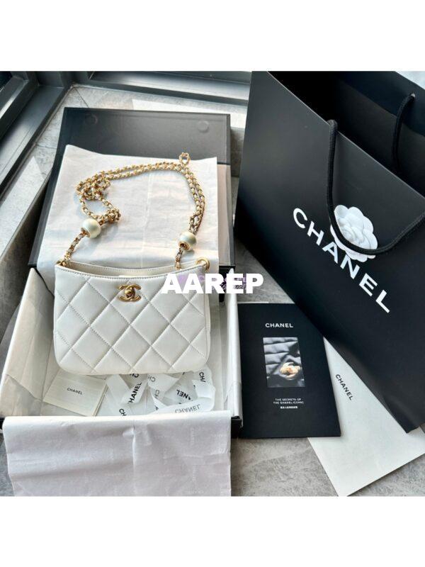 Replica Chanel 24C Small Hobo Bag in Lambskin with Adjustable Pearl Chain AS4859 White