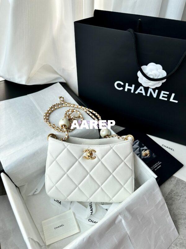 Replica Chanel 24C Small Hobo Bag in Lambskin with Adjustable Pearl Chain AS4859 White 2