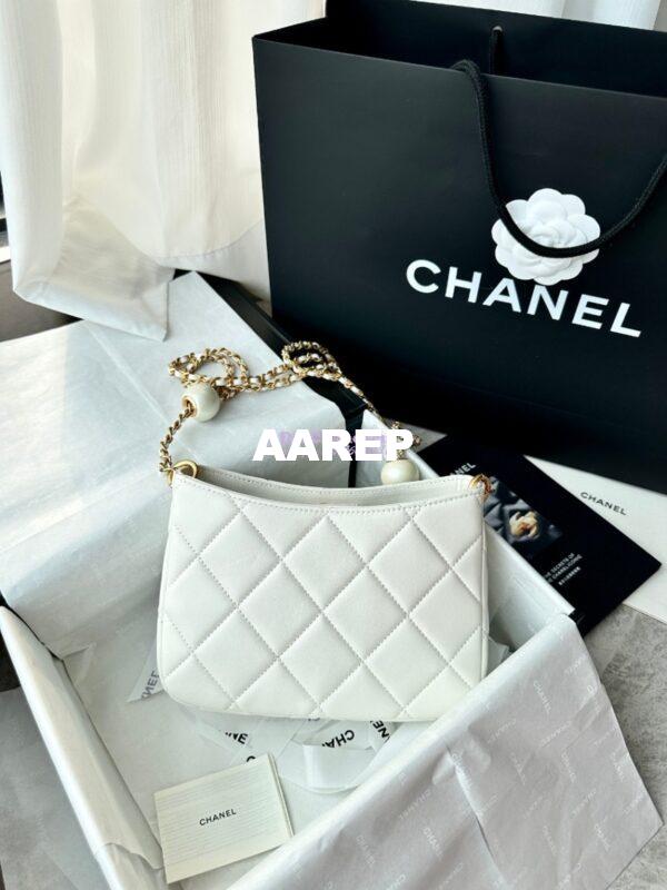 Replica Chanel 24C Small Hobo Bag in Lambskin with Adjustable Pearl Chain AS4859 White 6