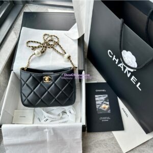 Replica Chanel 24C Small Hobo Bag in Lambskin with Adjustable Pearl Chain AS4859 Black