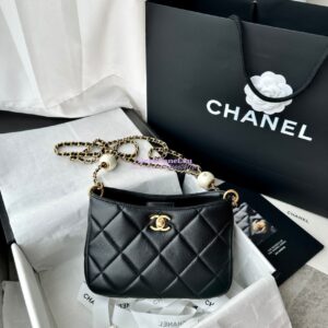 Replica Chanel 24C Small Hobo Bag in Lambskin with Adjustable Pearl Chain AS4859 Black 2