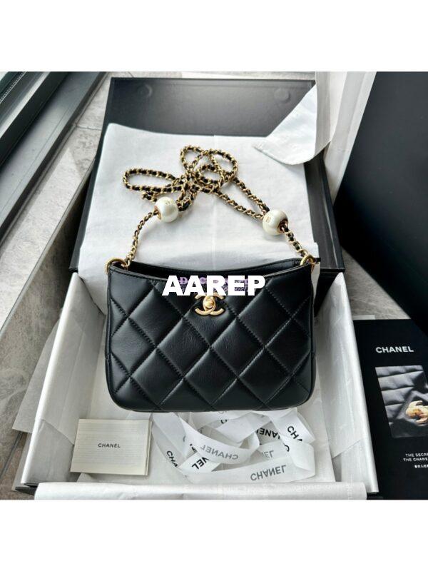 Replica Chanel 24C Small Hobo Bag in Lambskin with Adjustable Pearl Chain AS4859 Black 5