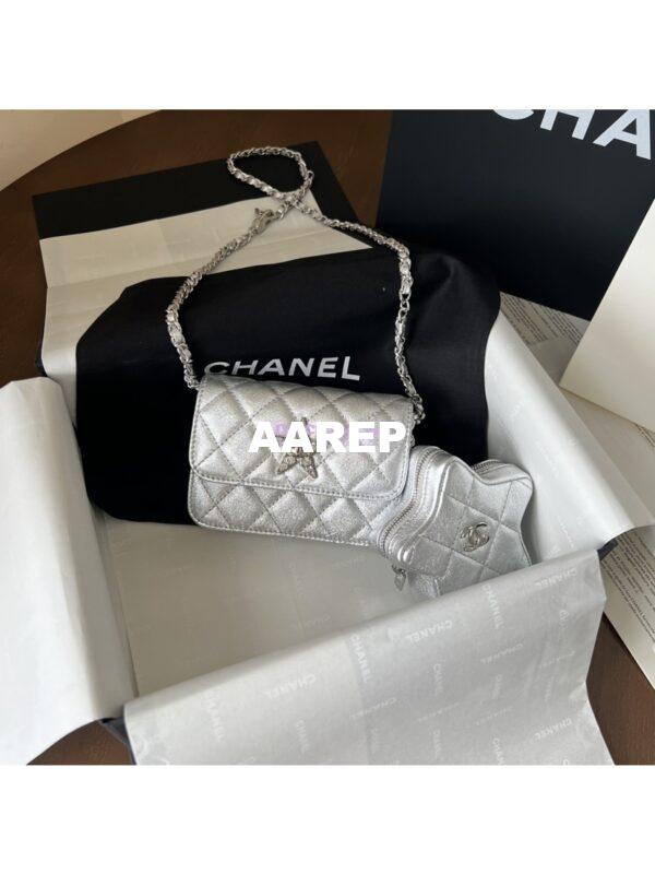 Replica Chanel 24C Silver Quilted Sheepskin Star Waist Bag 2 in 1 Limited Edition CD0144