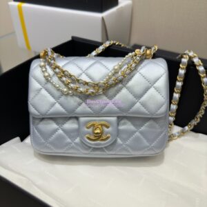 Replica Chanel 24P Seasonal Mini Flap Bag with Pearl Top Handle Chain AS4385 Iridescent Light Blue