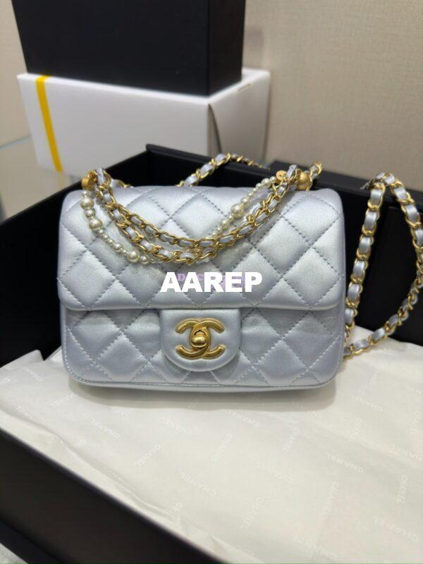 Replica Chanel 24P Seasonal Mini Flap Bag with Pearl Top Handle Chain AS4385 Iridescent Light Blue 3