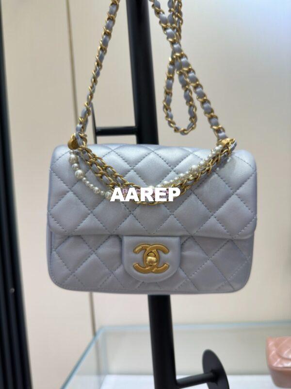 Replica Chanel 24P Seasonal Mini Flap Bag with Pearl Top Handle Chain AS4385 Iridescent Light Blue 4