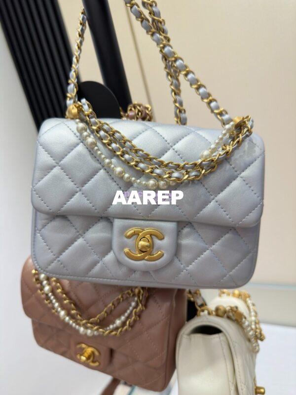 Replica Chanel 24P Seasonal Mini Flap Bag with Pearl Top Handle Chain AS4385 Iridescent Light Blue 5