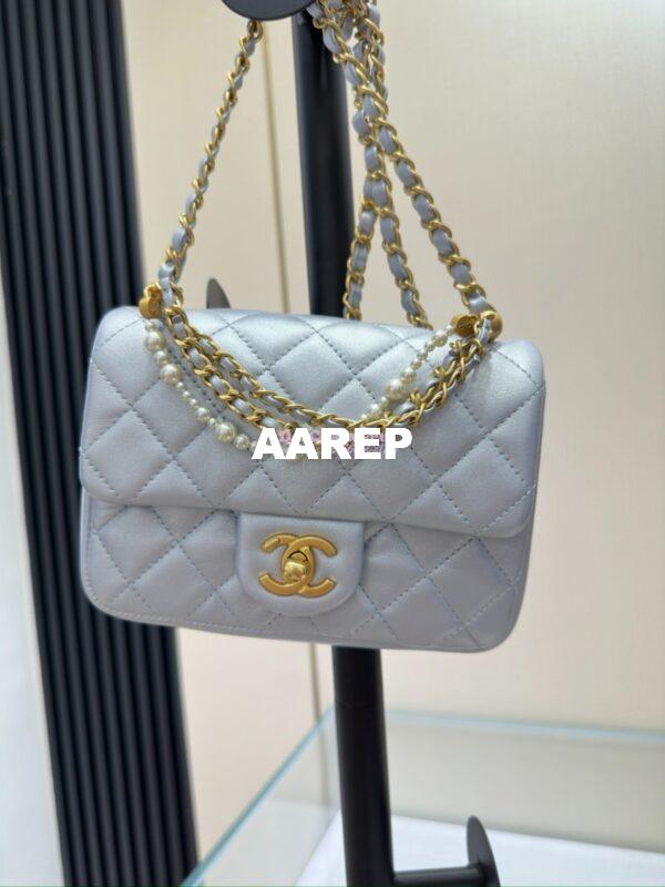 Replica Chanel 24P Seasonal Mini Flap Bag with Pearl Top Handle Chain AS4385 Iridescent Light Blue 6