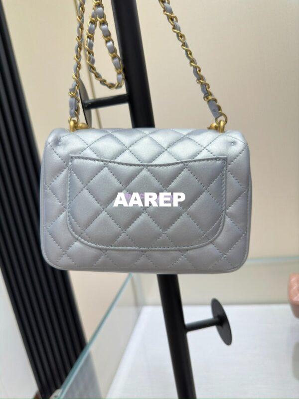 Replica Chanel 24P Seasonal Mini Flap Bag with Pearl Top Handle Chain AS4385 Iridescent Light Blue 11