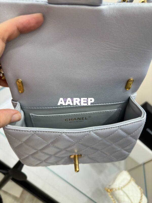 Replica Chanel 24P Seasonal Mini Flap Bag with Pearl Top Handle Chain AS4385 Iridescent Light Blue 13