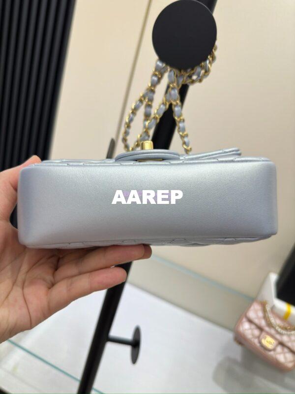 Replica Chanel 24P Seasonal Mini Flap Bag with Pearl Top Handle Chain AS4385 Iridescent Light Blue 15