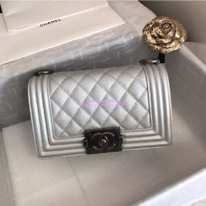 Replica Chanel Quilted Boy Caviar Flap Bag in Metallic Silver 2