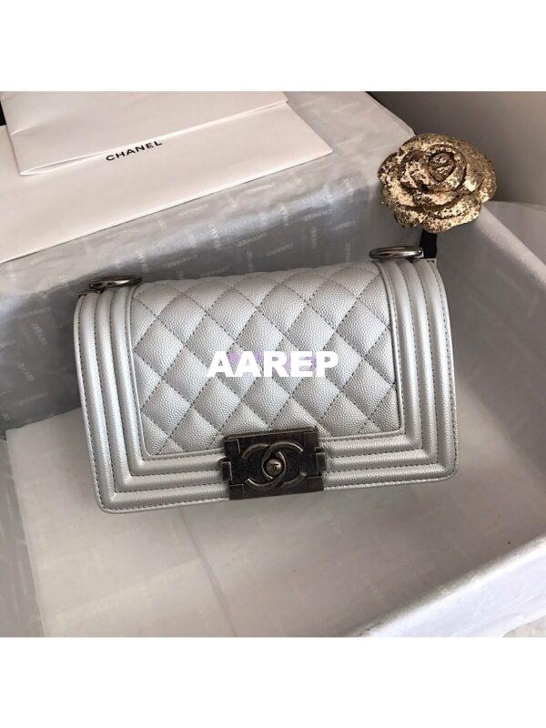 Replica Chanel Quilted Boy Caviar Flap Bag in Metallic Silver 2