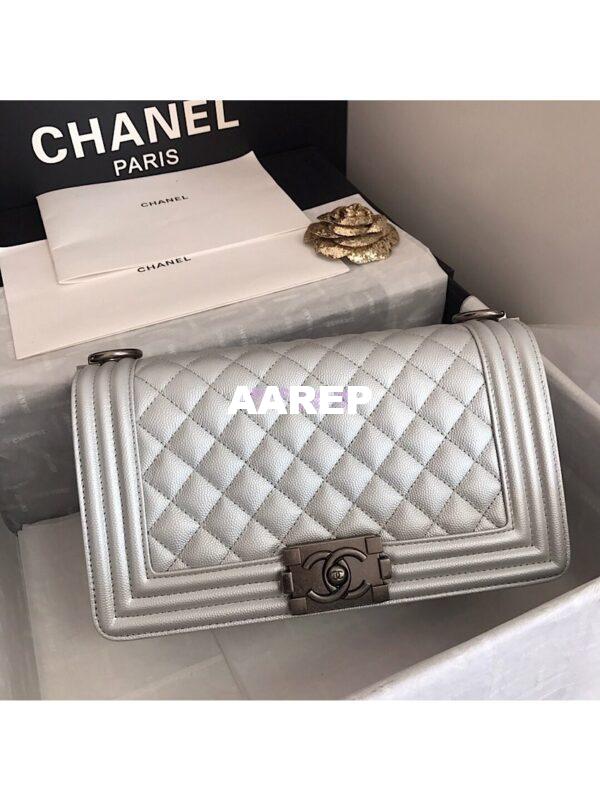 Replica Chanel Quilted Boy Caviar Flap Bag in Metallic Silver 3