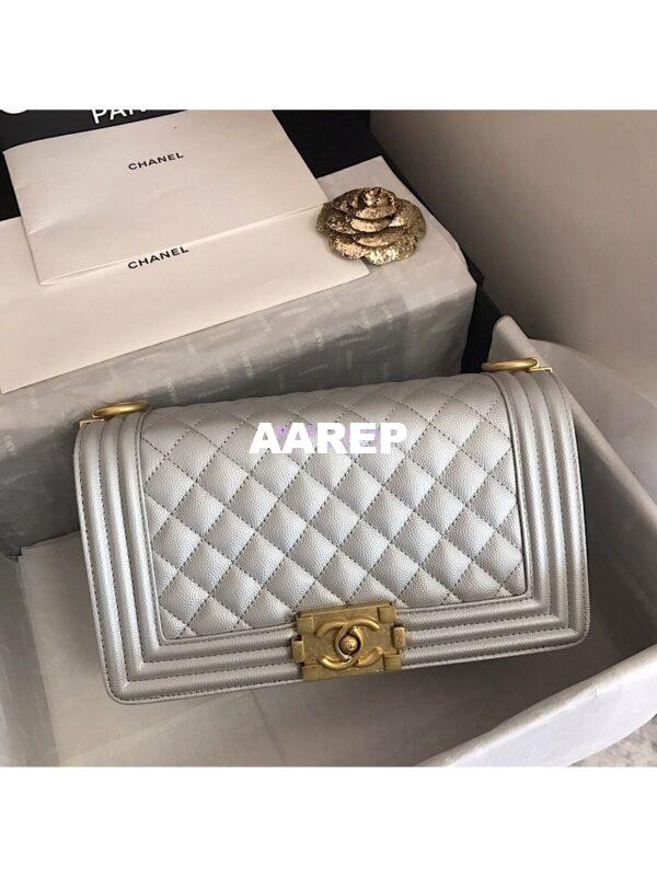Replica Chanel Quilted Boy Caviar Flap Bag in Metallic Silver 11