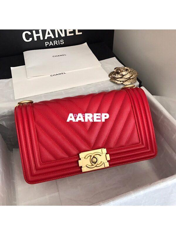 Replica Chanel Chevron Boy Flap Bag in Caviar Red 6