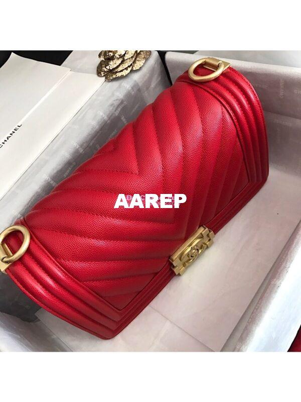 Replica Chanel Chevron Boy Flap Bag in Caviar Red 8