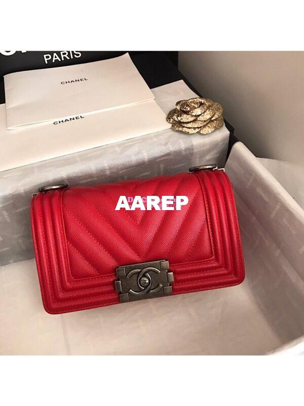 Replica Chanel Chevron Boy Flap Bag in Caviar Red 15