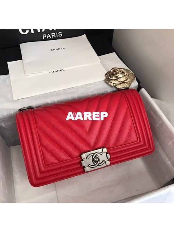 Replica Chanel Chevron Boy Flap Bag in Caviar Red 16