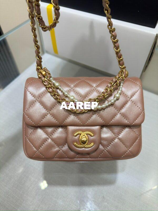 Replica Chanel 24P Seasonal Mini Flap Bag with Pearl Top Handle Chain AS4385 Iridescent Pink 3
